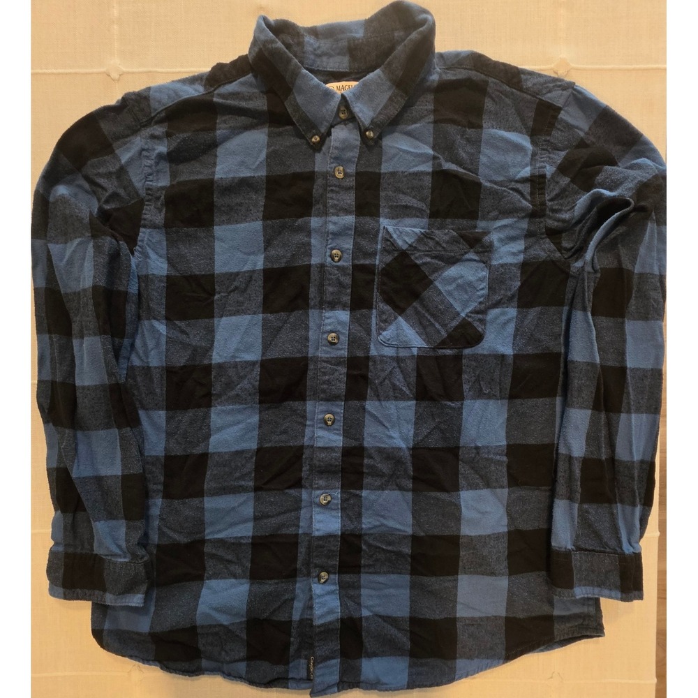 Magellan Outdoors Mens XL Flannel Shirt Blue Black Buffalo Plaid Long Sleeve